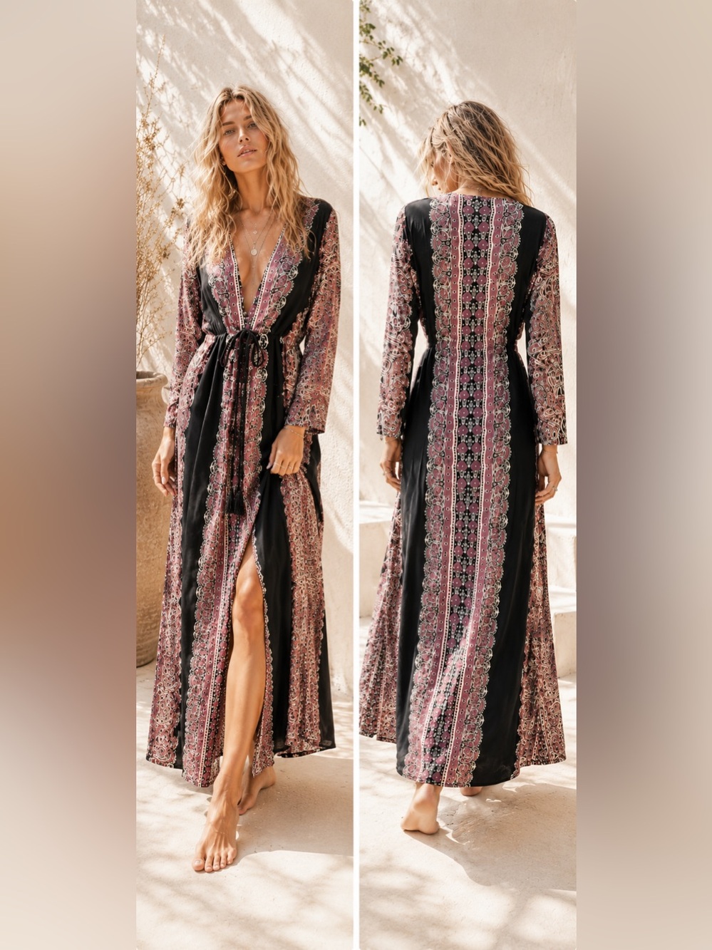 Free People Black Maxi Dress with Rose-Pink Pattern and Tie Waist